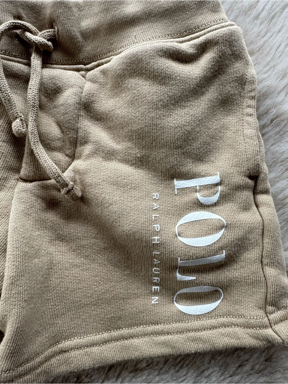 Ralph Lauren Tan Drawstring Fleece Shorts with White Logo